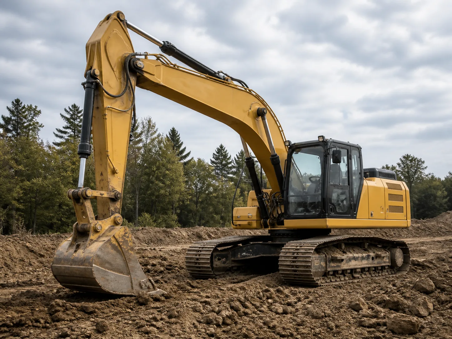 Yellow tracked excavator at an earthmoving site