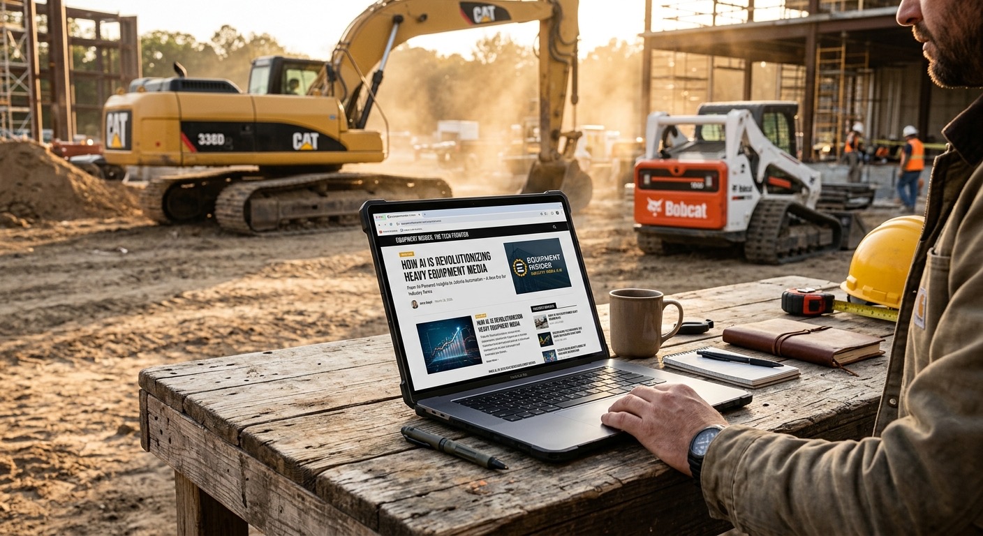 A laptop showing a news website on a construction jobsite with heavy equipment in the background at golden hour