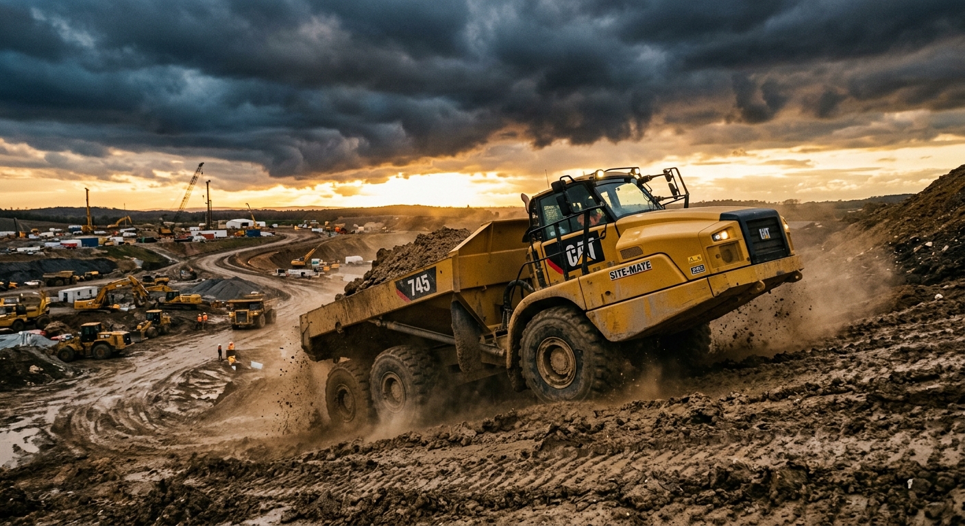 An articulated dump truck hauling earth on a construction site at golden hour